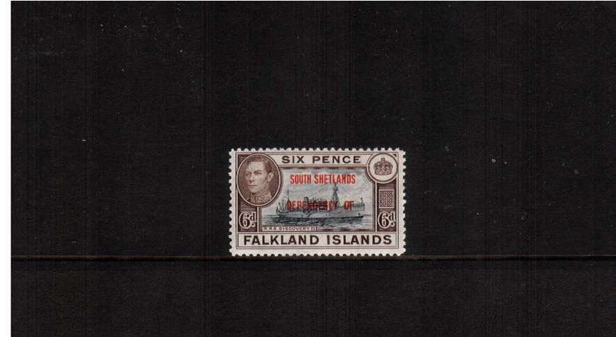 the SOUTH SHELTANDS  overprinted 6d ''Ship'' stamp showing<br/>the Blue-Black shade superb unmounted mint.
<br/><b>ZQF</b>