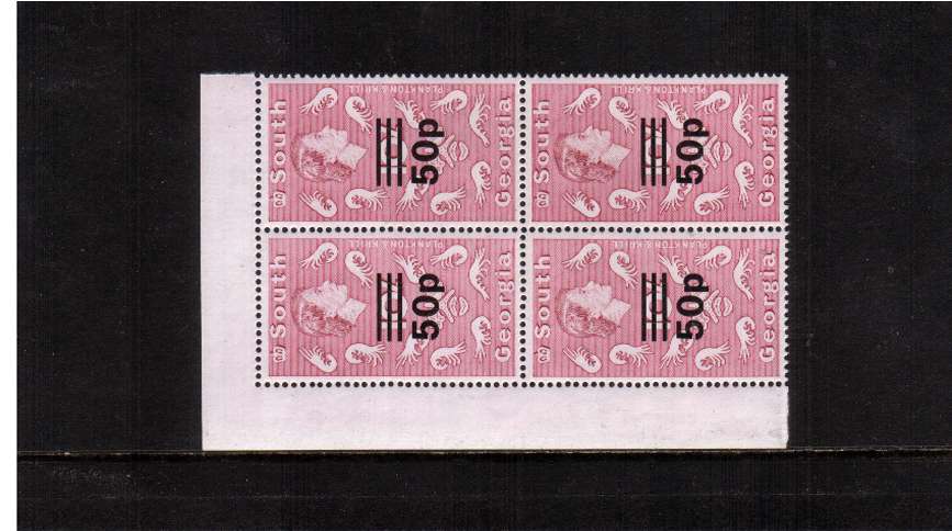 50p definitive odd value with spiral watermark in a superb unmounted mint NW corner block of four.
<br/><b>ZQF</b>
