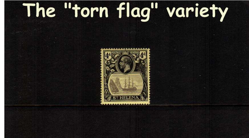 4d Grey and Black on Yellow. A very fine lightly mounted mint single showing the illustrated variety ''torn flag''
<br/><b>ZQG</b>