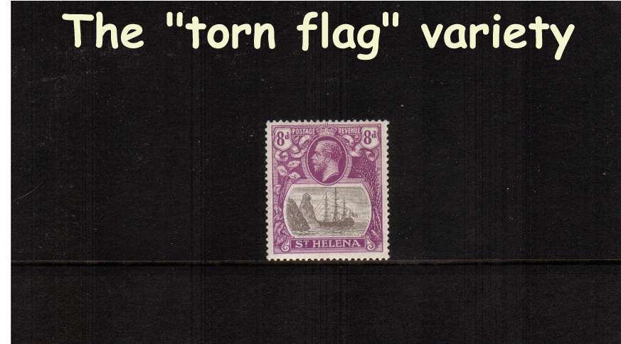 8d Grey and Bright Purple. A fine lightly mounted mint stamp showing the illustrated variety ''torn flag'' 

<br/><b>ZQG</b>
