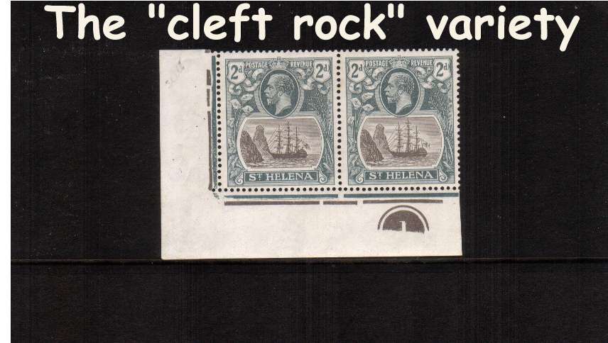 2d Grey and Slate. A superb unmounted mint left side corner pair showing the illustrated variety ''cleft rock'' and Plate number.<br/><b>ZQG</b>
