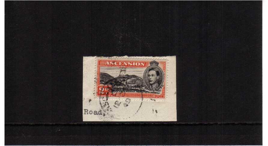 2d black and orange-red perforation 14 tied to a small piece. Scarce stamp genuinely used.