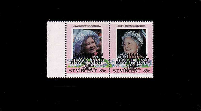 The Queen Mother 85c left side marginal pair showing a double impression of the CARIBBEAN ROYAL VISIT 1985 overprint superb unmounted mint.<br/>Unrecorded by PIERRON and GIBBONS