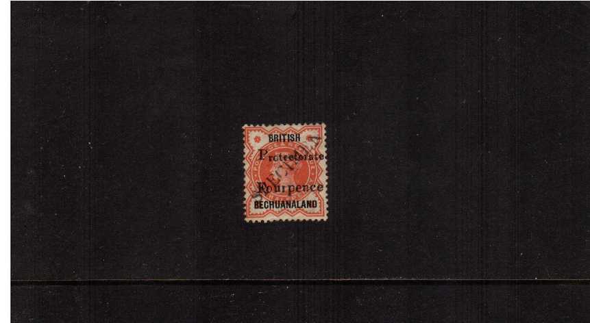 4d handstamped on d Great Britain Vermilion overprinted BRITISH BECHUANALAND and PROTECTORATE then diagonally handstamped ''SPECIMEN'' good mounted mint.
<br/><b>AQG</b>
