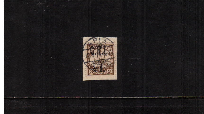 d G.R.I. overprint on 3pf Brown showing 1 to left of 2 variety.<br/>A superb fine used stamp tied to a small piece.
<br/><b>ZKE</b>