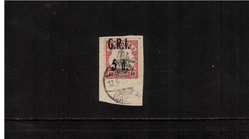 5d G.R.I. overprint on 40pf Black and Carmine<br/>A superb fine used stamp tied to a small piece.
<br/><b>ZKE</b>