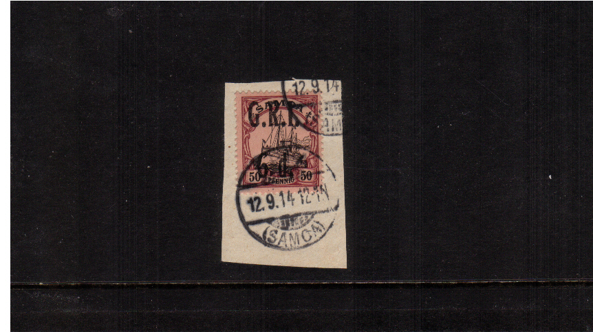 6d G.R.I. overprint on 50pf Black and Purple on Buff <br/>A superb fine used stamp tied to a small piece.
<br/><b>ZKE</b>