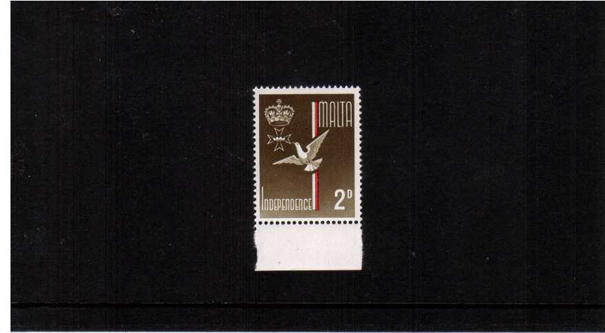 The 2d value from the Independence set showing ''GOLD OMITTED'' resulting in the Roman numerals being Omitted. A lower marginal unmounted mint single. 
<br/><b>ZKG</b>