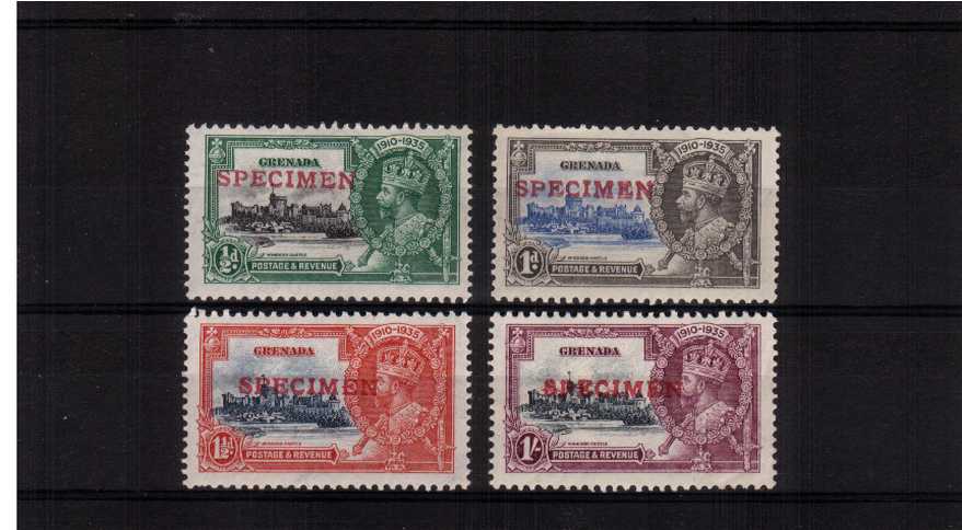 The Silver Jubilee set of four lightly mounted mint firmly handstamped in Red ''SPECIMEN''. Pretty and unusual.
<br/><b>SEARCH CODE: 1935JUBILEE </b>
<br/><b>ZKM</b>