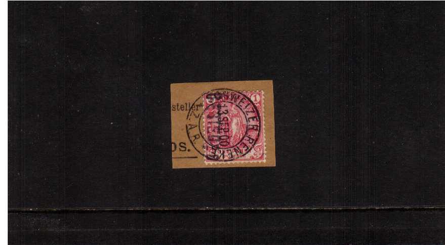 1d Carmine handstamped ''BESIEGED'' vertically tied to a small piece with a ''SCHWEIZER RENECKE Z.A.R.'' double ring CDS tied to a small piece with the benefit of a SISMONDO certificate stating genuine. A very rare stamp! 
<br/><b>ZKM</b>