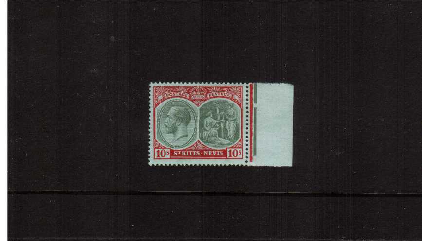 10/- Green and Red on Green<br/>
A lovely unmounted mint right side marginal single.
<br><b>ZKS</b>
