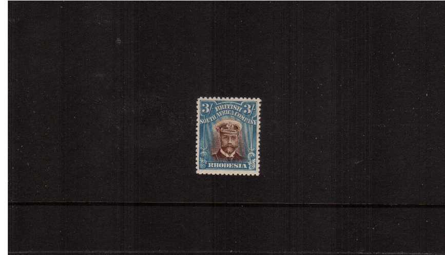 3/- Chestnut and Bright Blue - Perforation 14 - Die II<br/>
A lovely unmounted single. Rare to find unmounted.
<br><b>ZKS</b>