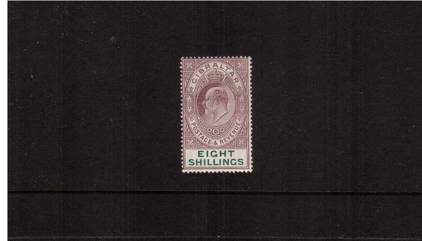 8/- Purple and Green - Watermark Multiple Crown ''CA'' - A superb lightly mounted mint single.