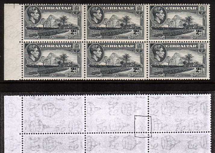 2d Grey - Perforation 13<br/>
A superb unmounted mint marginal block of six showing the rare watermark<br/>variety ''A of CA missing from watermark''. A lovely block!<br/>Please note the B&W photocopy is creased but the block is perfect!!