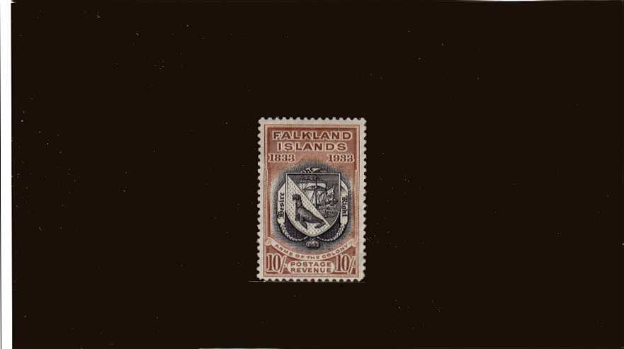 Centenary of British Administration<br/>10/- Black and Chestnut a good mounted mint example with a hint of a very very tiny thin spot in the hinge area mentioned for accuracy. - you will have to look hard to see it! SG Cat 850
<br><b>ZKZ</b>