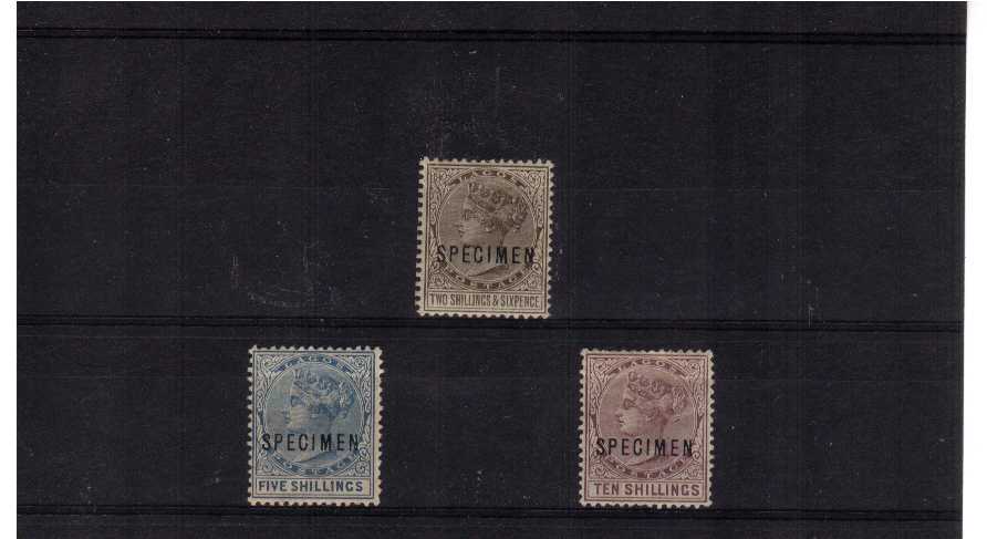 the 1886 set of three high values with odd perforation fault overprinted SPECIMEN. SG Cat 425 A very scarce set!
