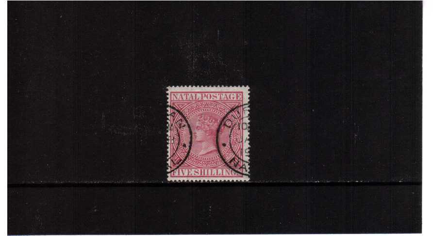 5/- Maroon cancelled with parts of two crisp double ring CDS's. Very fresh!