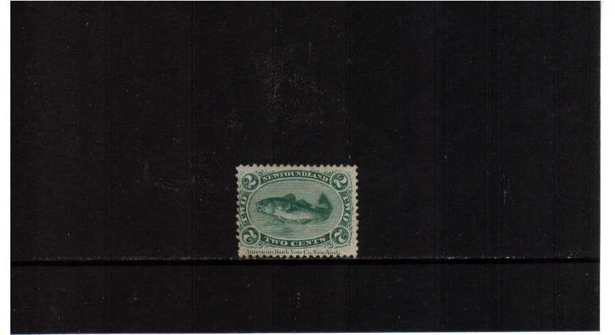 2c Green Atlantic Cod Fish  superb unmounted mint well centered single showing the marginal imprint for AMERICAN BANK NOTE CO. NEW YORK unusual!