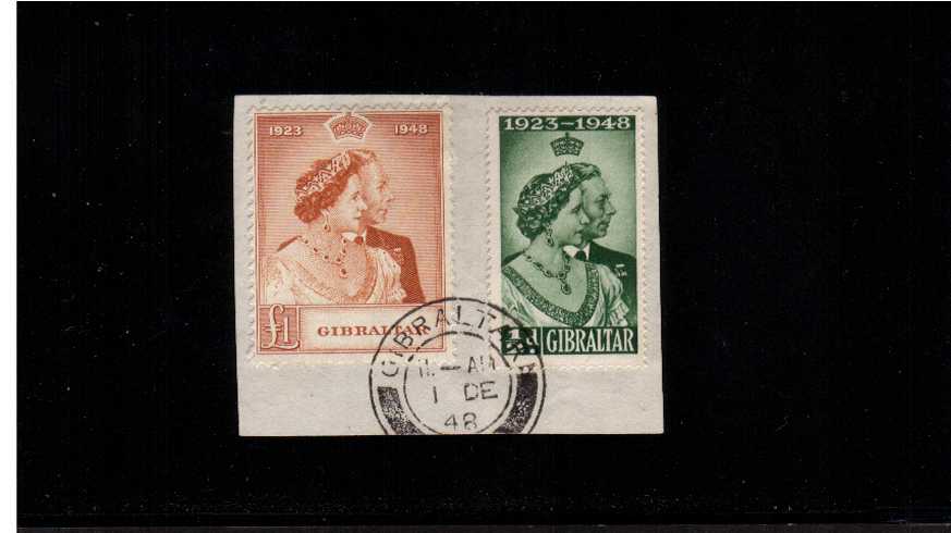 The Royal Silver Wedding set of two superb fine used on small piece cancelled with an upright GIBRALTAR steel CDS dated 1 DE 48, the first day of issue.<br/><b>SEARCH CODE: 1948RSW</b><br/><b>ZFZ</b>