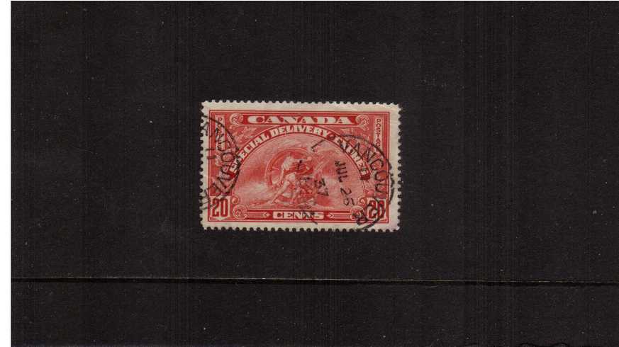SPECIAL DELIVERY<br/>20c Scarlet superb fine used cancelled with a Vancouver CDS dated JUL 26 37. Pretty.
<br/><b>ZDZ</b>