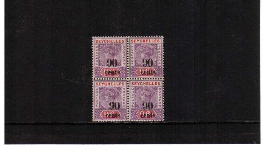 90c on 96c Mauve and Carmine in an unmounted mint block of four. One stamp has a small tone area. SG Cat for mounted singles �220 Scarce as a block