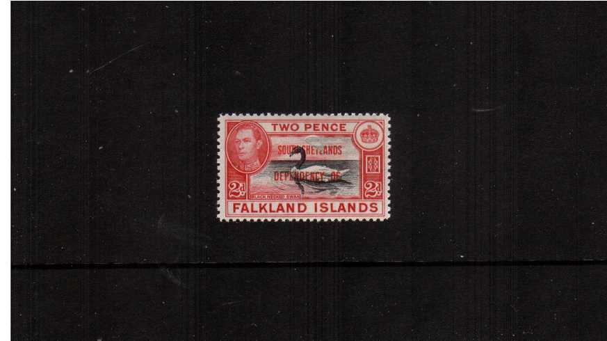 2d Black and Carmine overprinted ''SOUTH SHETLANDS'' superb unmounted mint single showing a superb ''confetti'' flaw resulting in a heavily indented half circle (of where the paper was) and part missing overprint. Rare and unique!<br/><b>ZAZ</b>