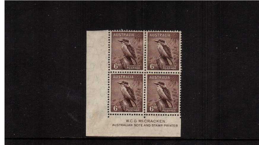 6d Purple-Brown McCracken Imprint SW corner block of four lightly<br/>mounted mint on the top two stamps.