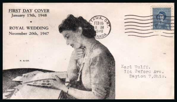 Princess Elizabeth Marriage<br/>
A single on an illustrated FDC with neatly typed address cancelled with an ''OTTAWA, ONT'' ''wavy line'' cancel.