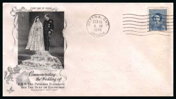 Princess Elizabeth Marriage<br/>
The single stamp on an ''Artcraft'' unaddressed (pencil address removed) illustrated FDC cancelled with an ''OTTAWA, ONT'' ''wavy line'' cancel. 

