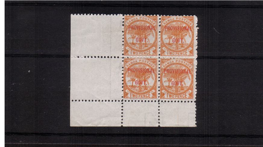 The ''PROVISIONAL GOVT'' overprint in Red on the 2d Orange-Yellow in a superb unmounted mint SW corner block of four. Pretty!
<br><b>XMX</b>