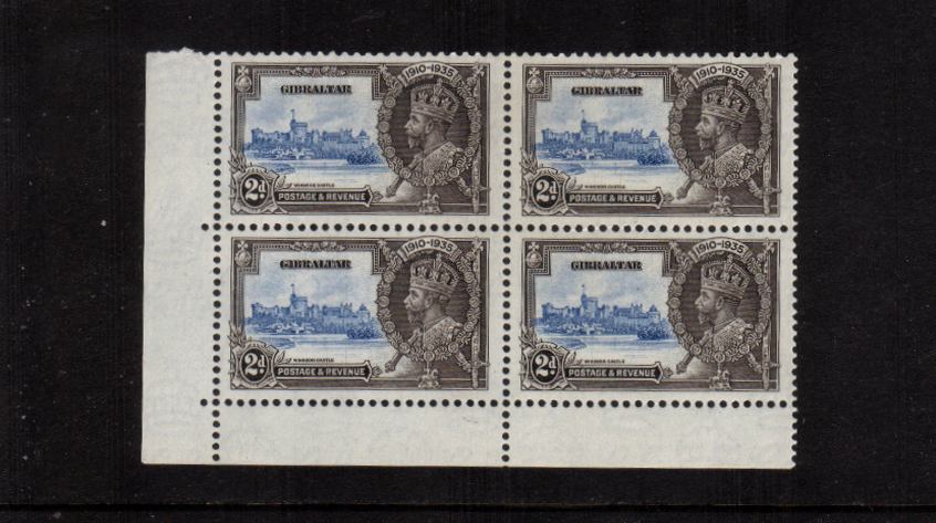 Silver Jubilee 2d Ultramarine and Grey-Black<br/>A superb unmounted mint (feint hinge mark on margin) SW corner block of four clearly showing, under a glass,  on postition 9/1 the ''Extra Flagstaff'' variety. Superb!
<br/><b>SEARCH CODE: 1935JUBILEE
