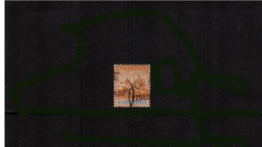 8d Orange and Ultramarine superb fine used cancelled<br/>with two strikes of a steel CDS. SG Cat 29