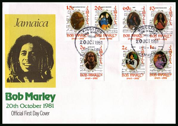 Bob Marley Commemoration complete set of seven<br/>on an official unaddressed First Day Cover.