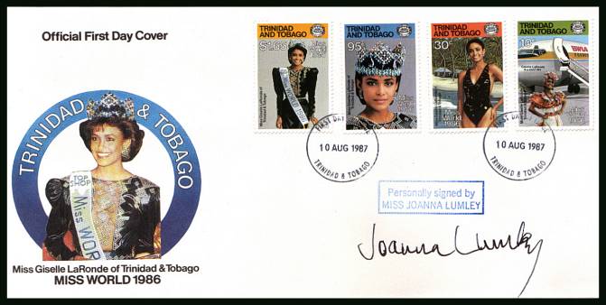 Miss World 1986 set of four
<br/>on an unaddressed First Day Cover autographed by actress Joanna Lumley (cover #16 of 20)