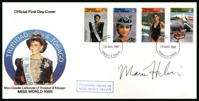 Miss World 1986 set of four
<br/>on an unaddressed First Day Cover autographed by model Marie Helvin (cover #14 of 20)