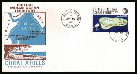 Coral Atolls<br/>cancelled with a ALDABRA ISLAND steel CDS on an illustrated First Day Cover