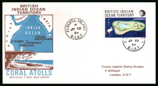 Coral Atolls<br/>cancelled with a ALDABRA ISLAND steel CDS on an illustrated First Day Cover