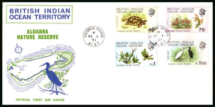 Aldabra Nature Reserve<br/>cancelled with a SALOMON CHAGOS steel CDS on an illustrated First Day Cover