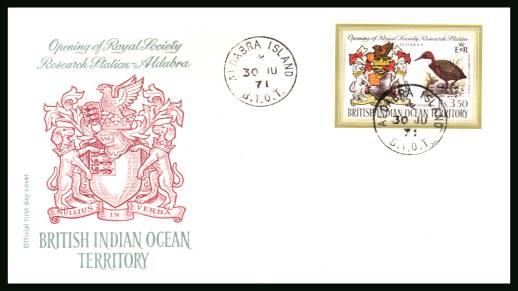 Opening of Royal Society Research Station single<br/>cancelled with a ALDABRA ISLAND steel CDS on an illustrated First Day Cover