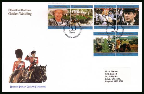 Golden Wedding og the Queen<br/>cancelled with special cancel on an illustrated, label addressed  First Day Cover
