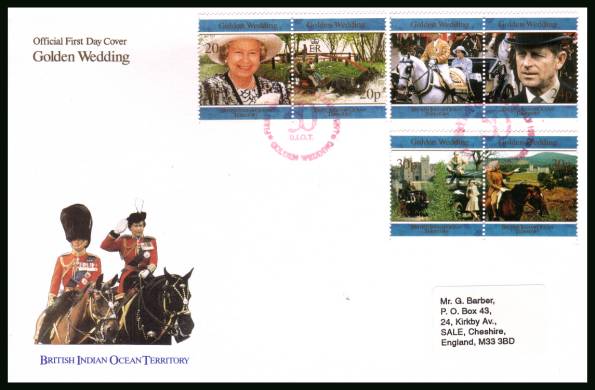 Golden Wedding of the Queen
<br/>cancelled with special RED cancel on an illustrated, label addressed  First Day Cover
