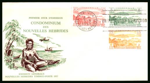 The first three values of the 1957 definitive set.<br/>on an illustrated unaddressed First Day Cover 

