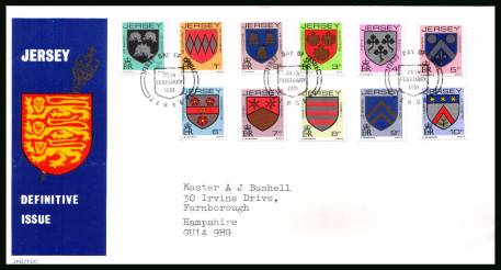 The ''Arms of Jersey Families'' p-10p<br/>
on an official neatly typed addressed illustrated First Day Cover 

