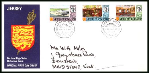 10p - 50p definitives<br/>on an official hand addressed illustrated First Day Cover 

