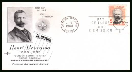 Henri Bourassa - Journaliost and Politician single<br/>on an unaddressed First Day Cover.