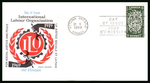 50th Anniversary of International Labour Organisation single<br/>on an unaddressed First Day Cover.