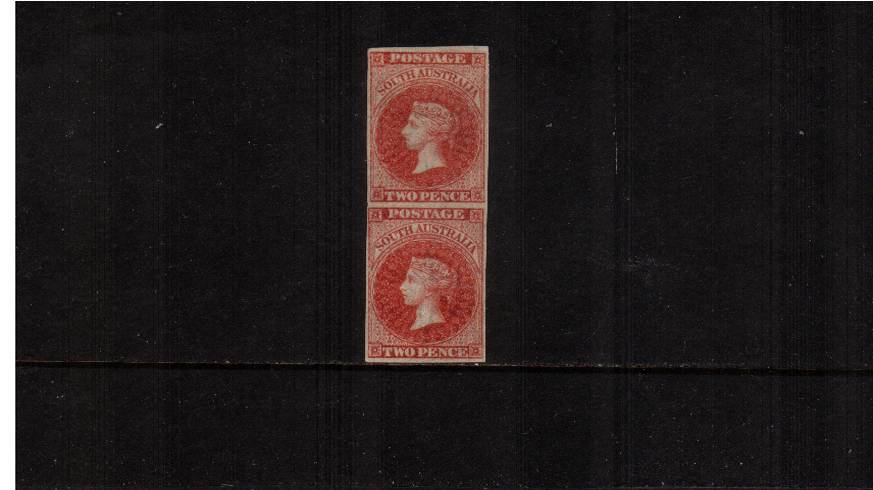 SOUTH AUSTRALIA - 2d Rose-Carmine.<br/>
A superb bright and fresh vertical pair with full original gum lightly mounted on the top stamp thus lower stamp is unmounted. A rare pair!


<br><b>QAQ</b>
