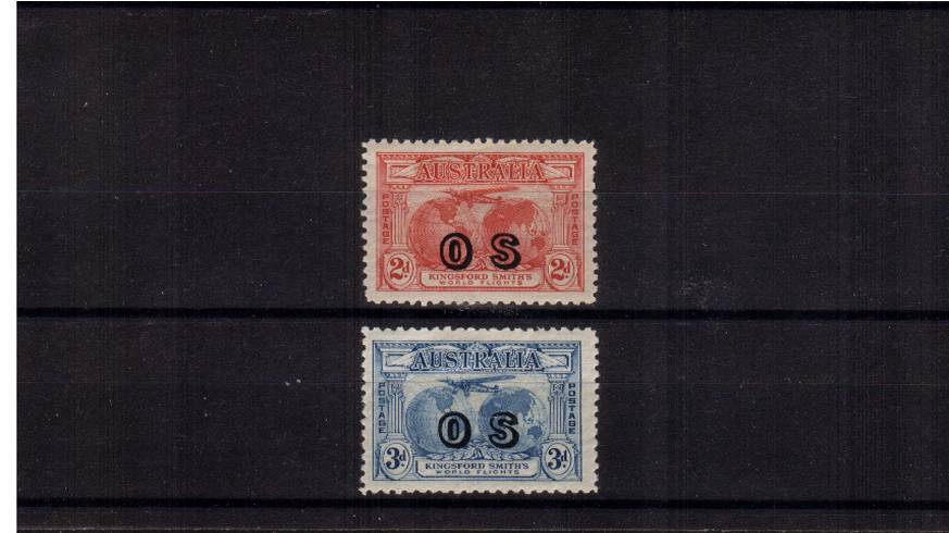 The Kingsford Smith Flight pair overprinted ''O S'' lightly mounted mint.<br/>
A lovely bright and fresh pair. SG Cat 360




<br><b>QAQ</b>