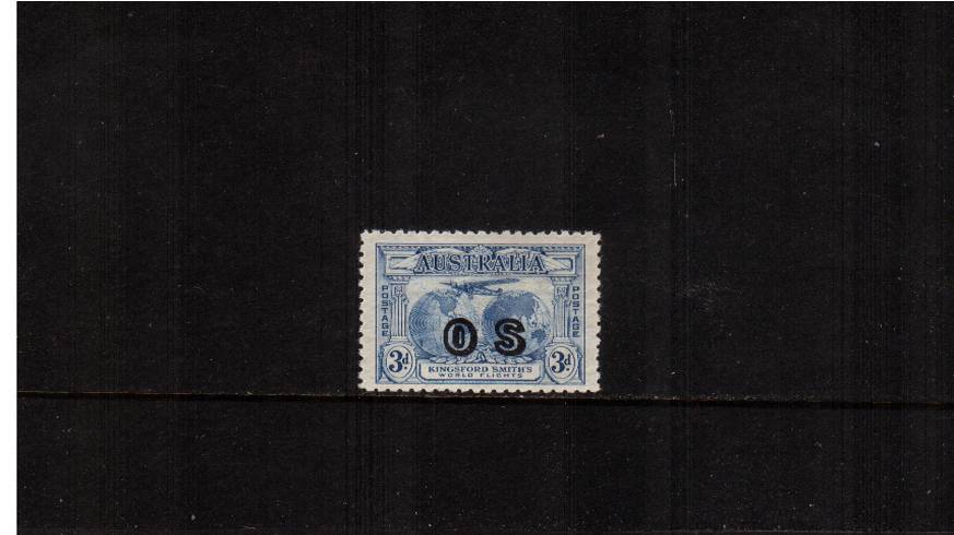 The Kingsford Smith Flight 3d Blue overprinted ''O S''. A fresh lightly mounted mint single. Rare stamp! SG Cat 275


<br><b>QAQ</b>