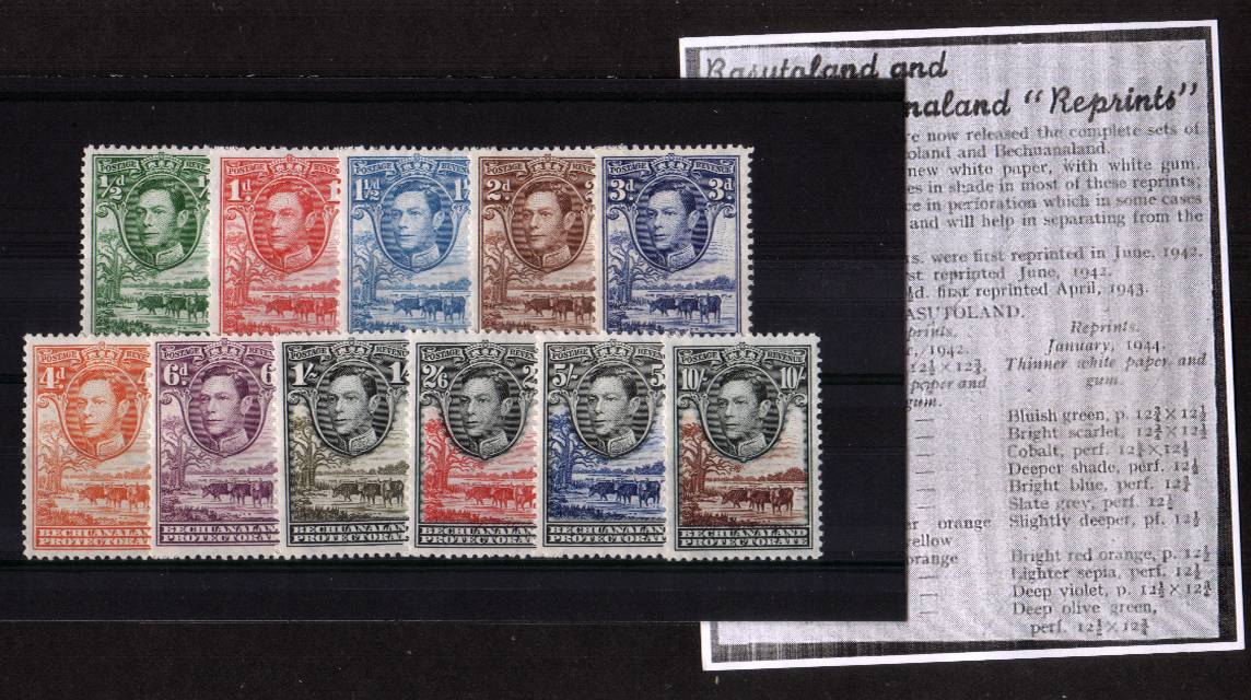 The complete George 6th set - The ''reprint'' set of eleven made in 1944 on whiter papers taken from a specialist collection together with a scan from a contemporary stamp magazine detailing same. One for the specialist!
<br><b>QAQ</b>